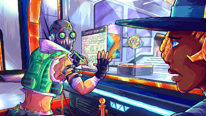 Octane is filling out an entry form for the contest, with many Octane-style over-the-top scribbles, in the Apex Museum. He is leaning the paper up against the glass case where the Time Gauntlet is being held since this is the prize he and Horizon are competing for. Seer is there with him, looking confused and exasperated. 