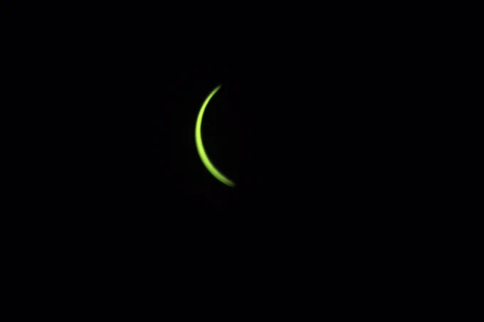 The solar eclipse, viewed from the lakes region NH, shot with a Canon 300mm, f5.6, 100iso, 1/8000th sec. With a welding glass to filter the light (hence the green tint)