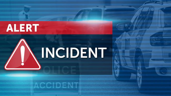 Blue coloured background with a red triangle and white text stating Incident