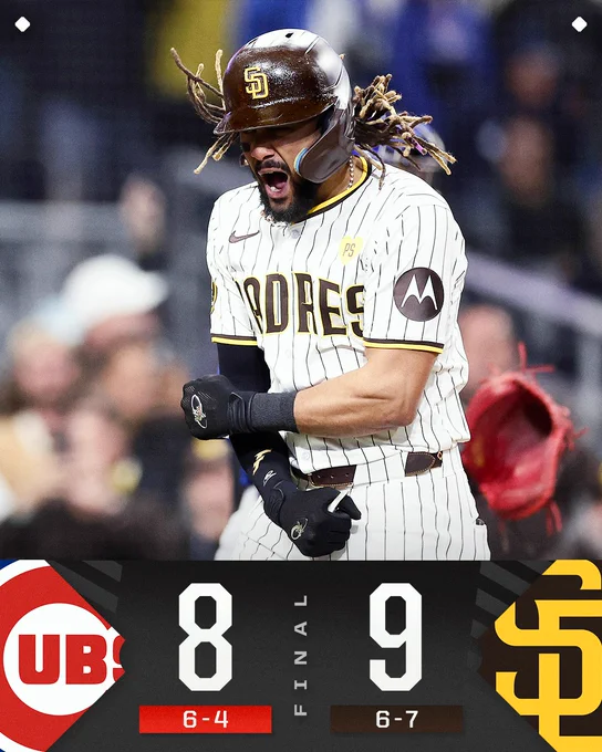 Final Score Graphic
Chicago Cubs 8 (6-4), San Diego Padres 9 (6-7)
Pictured: Fernando Tatis Jr. celebrating his two-run home run that gave the Padres the lead. He is wearing a white pinstriped Padres jersey with a brown batting helmet.
