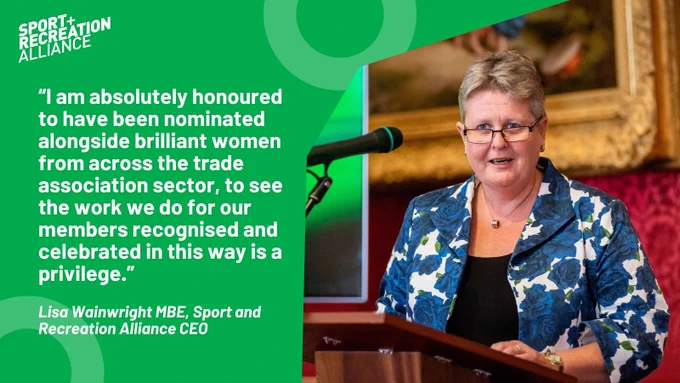 Image of Lisa Wainwright MBE speaking, with quote next to it reading: "I am absolutely honoured to have been nominated alongside brilliant women from across the trade association sector, to see the work we do for our members recognised and celebrated in this way is a privilege."