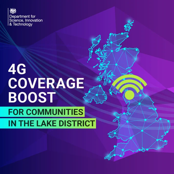 Image of the UK with a WiFi symbol above Cumbria.  Text reads "4G coverage boost for communities in the Lake District".