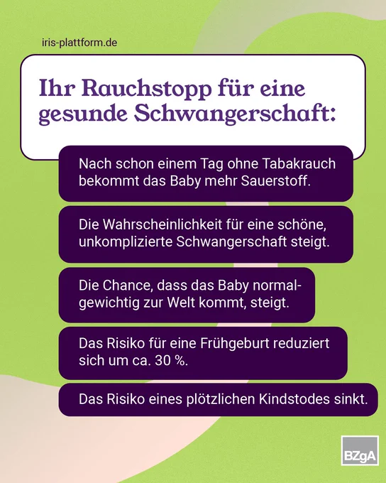 Auf dem Bild steht: iris-plattform.de. Euer Rauchstopp für eine gesunde Schwangerschaft: Nach schon einem Tag ohne Tabakrauch bekommt das Baby mehr Sauerstoff. Die Wahrscheinlichkeit für eine schöne, unkomplizierte Schwangerschaft steigt. Die Chance, dass das Baby normalgewichtig zur Welt kommt, steigt. Das Risiko für eine Frühgeburt reduziert sich um ca. 30 %. Das Risiko eines plötzlichen Kindstodes sinkt.
