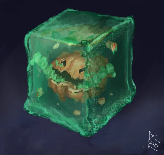a pumpkin drowning in gelantious cube