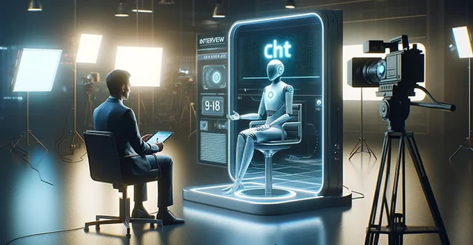 A person sat in a chair interviewing ChatGPT in a studio