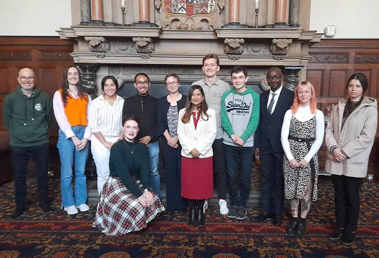 Dr Farah Faizal with students in the Great Hall, Keele Hall - 18 October 2023