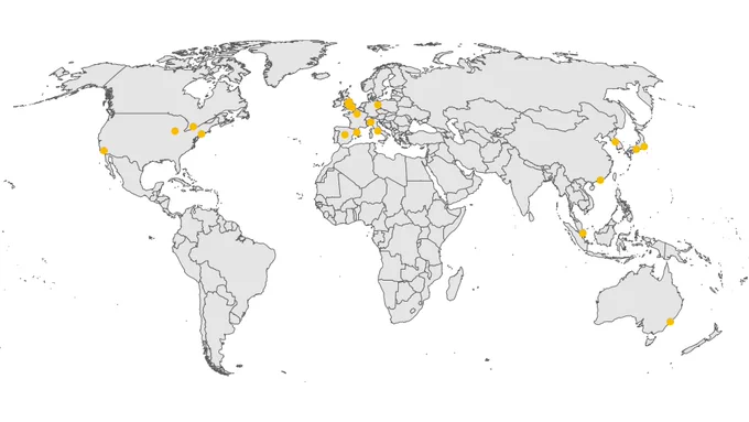 A world map with some cities highlighted: Los Angeles, Chicago, Toronto, New York, Madrid, Manchester, Birmingham, London, Paris, Barcelona, Milan, Rome, Berlin, Hong Kong, Seoul, Tokyo and Sydney