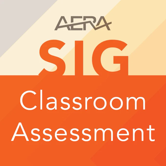 The image depicts the AERA Classroom Assessment SIG logo: plain text overtop an orange background. The background is split horizontally, with the lower half being varying shades of dark orange, and the top half varying shades of pale orange to grey.