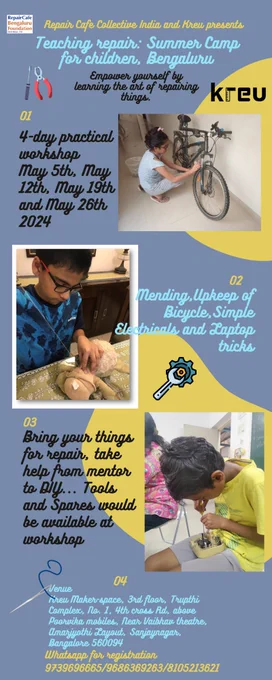summer camp for children showing various repair activities they are performing ...only on Sundays...Starting from 5th May, Kreu , Bangalore