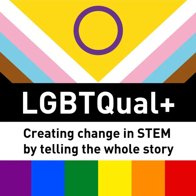 LGBTQual  project logo featuring the progress Pride flag with text that reads LGBTQual  Creating change in STEM by telling the whole story