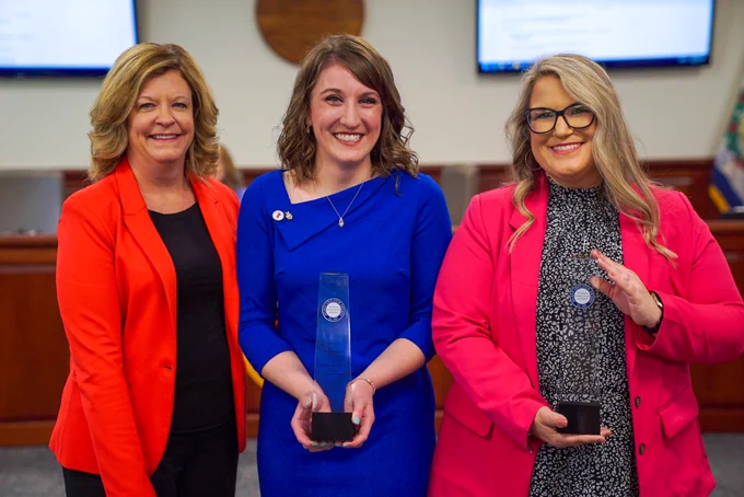 Pictured are 2023 West Virginia Milken Educators Ashley Wilkins and Janna Hamrick posing for a photo with State Superintendent of Schools Michele L. Blatt. 