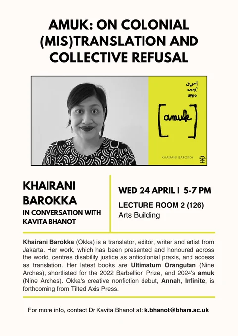 A black and white photo of an Indonesian woman with black hair tied back. She is wearing lipstick, and a black and white daster, and is smiling to the camera against a white background. Cover description (right): Against a chartreuse background, 'amuk' is written in black cursive and below this is the author’s name, 'Khairani Barokka'.