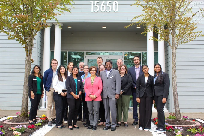 Congresswoman Bonamici stands with Washington County Chair  Kathryn Harrington, owners of Mindful Montesorri, students, and representatives from Worksystems, Portland Community College, and the City of Beaverton.