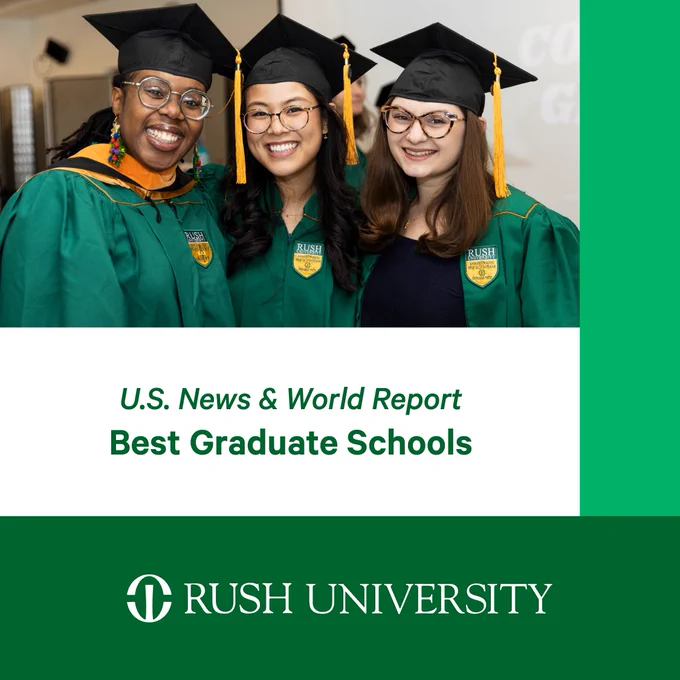 RUSH nursing students in graduation regalia. Text reads: U.S. News & World Report Best Graduate Schools.