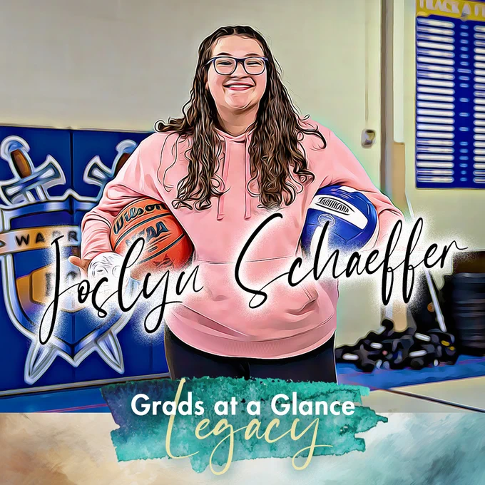 A portrait of Poudre Community Academy senior Joslyn Schaeffer in the school's gym. The photo is edited to look like a painted portrait. Her name is in the middle of the photo in cursive, like a signature, and below is the text Grads at a Glance Legacy on top of a watercolor background.
