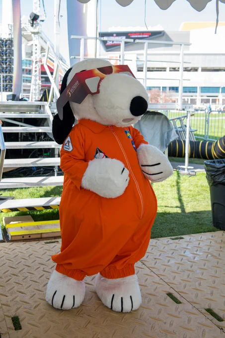 Snoopy poses in an orange NASA flight suit and red NASA eclipse glasses. Image Credit: NASA/Jef Janis