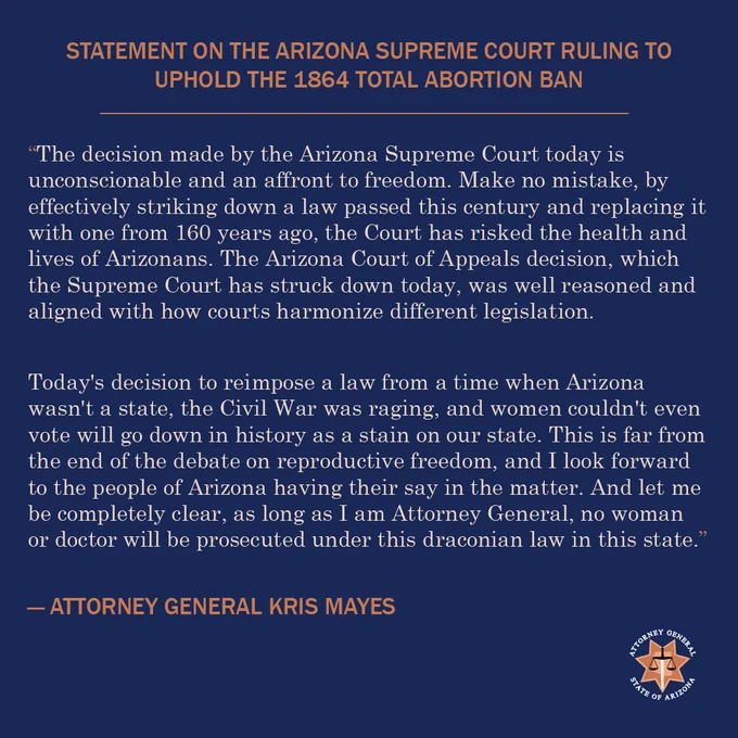 Statement on the Arizona Supreme Court ruling to uphold the 1864 total abortion ban

“The decision made by the Arizona Supreme Court today is unconscionable and an affront to freedom. Make no mistake, by effectively striking down a law passed this century and replacing it with one from 160 years ago, the Court has risked the health and lives of Arizonans. The Arizona Court of Appeals decision, which the Supreme Court has struck down today, was well reasoned and aligned with how courts harmonize different legislation.

Today's decision to reimpose a law from a time when Arizona wasn't a state, the Civil War was raging, and women couldn't even vote will go down in history as a stain on our state. This is far from the end of the debate on reproductive freedom, and I look forward to the people of Arizona having their say in the matter. And let me be completely clear, as long as I am Attorney General, no woman or doctor will be prosecuted under this draconian law in this state.”

— AG