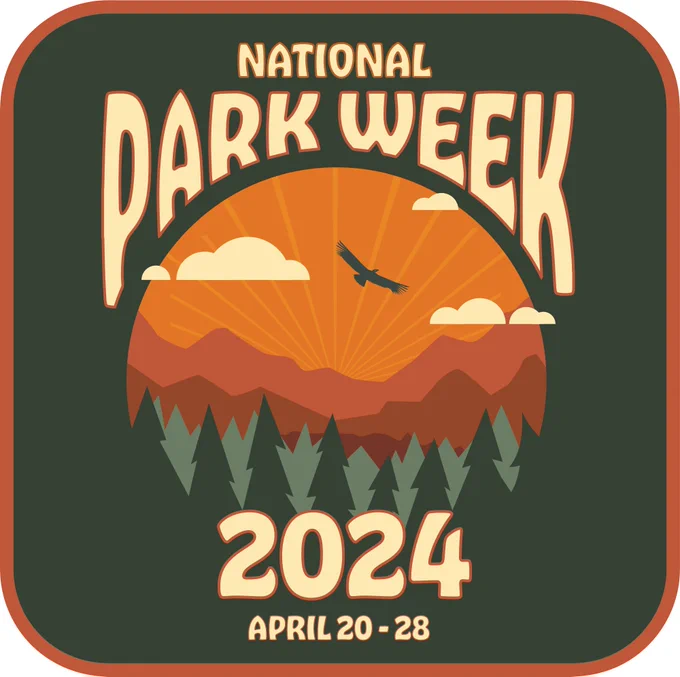 Graphic with stylized trees, mountains, and clouds with the text, National Park Week 2024 April 20-28.