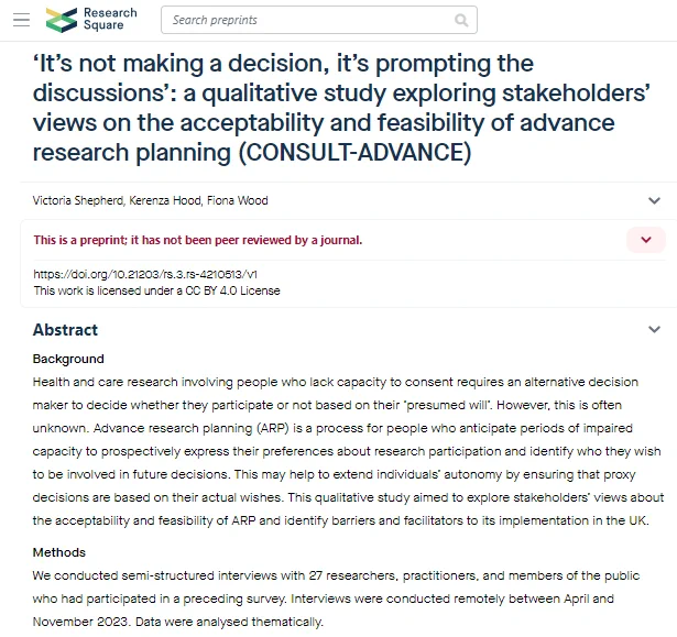 Image of paper titled '‘It’s not making a decision, it’s prompting the discussions’: a qualitative study exploring stakeholders’ views on the acceptability and feasibility of advance research planning (CONSULT-ADVANCE)' 