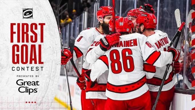 Graphic promoting the first goal contest for tonight game featuring a celly photo 
