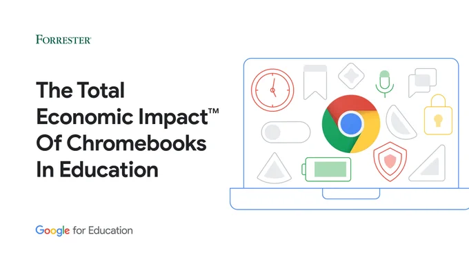 Visual reads “The Total Economic Impact of Chromebooks In Education” with an illustration of a Chromebook on the right with different icons like a lock, a shield, a clock, and more surrounding the Chrome logo in the middle.