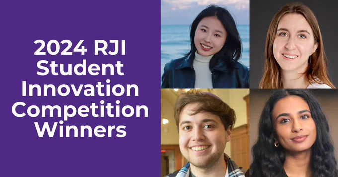 Headshots of Knight Lab students Eugenia Cao, Elizabeth Casolo (BSJ25), Daniel Gross (BSJ25) and Janya Sundar (BSJ25) next to purple graohic with text "2024 RJI Student Innovation Competition Winners."