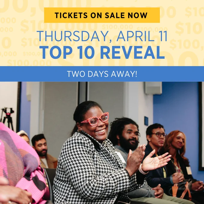 A graphic with text saying, "Tickets ons ale now Thursday, April 11 Top 10 Reveal Two days away!" Below this text is a photo of a woman smiling and clapping, sitting amongst an audience