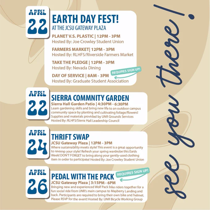 April 22 - Earth Day Fest! at the JCSU Gateway Plaza.
April 22 - Sierra Community Garden. Sierra Hall Garden Patio, 4:30PM - 6:30PM.
April 24 - Thrift Swap. JCSU Gateway Plaza, 12PM - 3PM.
April 26 - Pedal with the Pack. Gateway Plaza, 3:15PM - 6PM.