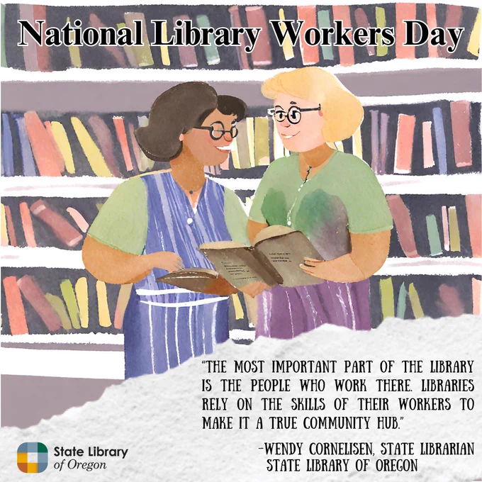 Watercolor image of two librarians with text to celebrate National Library Workers Day