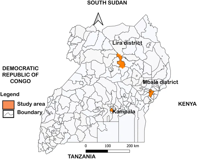Fig 1. Map of Uganda showing study areas.
The shape file for the base map was obtained from  https://data.humdata.org/dataset?res_format=SHP&q=uganda&sort=if(gt(last_modified,review_date),last_modified,review_date) desc&ext_page_size=25 