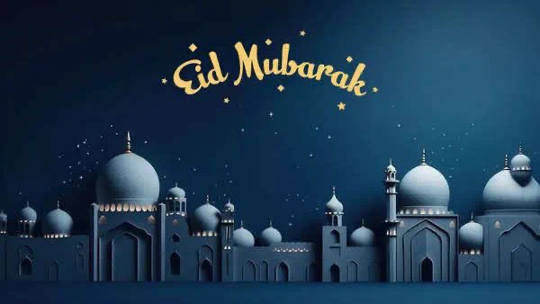 Photo shows a night sky with the words Eid Mubarak written in gold towards the top. At the bottom, you can see numerous light blue mosques.