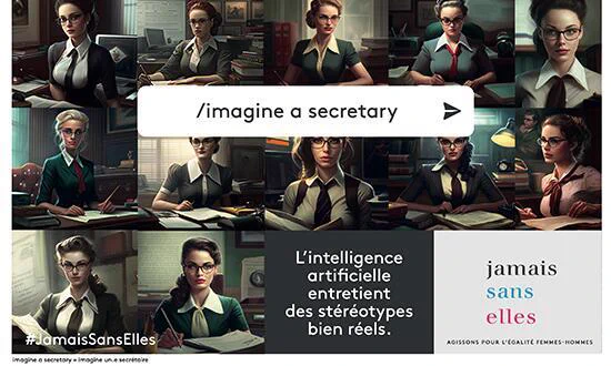 Résultats d'un prompt IA "imagine a secretary" ne montrant que des femmes.