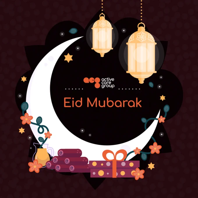 Graphic with moons, presents and lanterns saying 'Eid Mubarak'. 