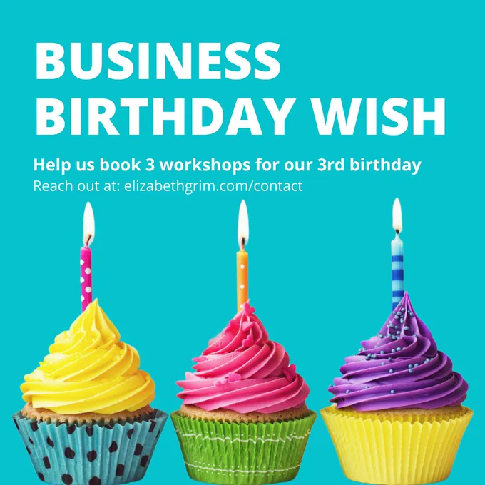 Three rainbow-colored cupcakes with candles on a teal background asking readers to help us book three workshops for our 3rd birthday.