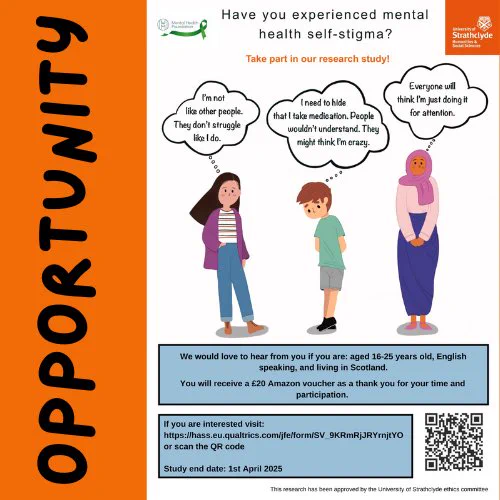 Poster detailing the research project for design purposes. All information available through link in tweet. Posters displays three cartoon young people with speech bubbles relating to mental health self-stigma