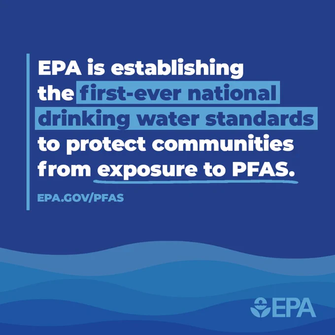 Dark blue background with shades of blue waves along the bottom of the graphic. Top right text reads, “Protecting Families from PFAS Pollution.” Primary text in the center of graphic reads, “EPA is establishing the first-even national drinking water standards to protect communities from exposure to PFAS.” The words “first-ever national drinking water standards” is highlighted in a lighter shade of blue and the text “exposure to PFAS” is underlined. Beneath this text is the URL epa.gov/pfas. The EPA logo is at the bottom right and the text “Investing in American Infrastructure” is at the bottom left with a series of small stars below.