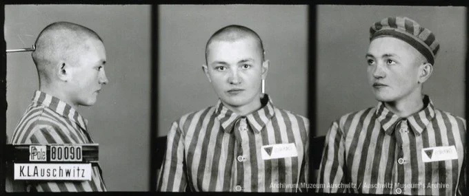 A mugshot registration photograph from Auschwitz. A man with a shaved head wearing a striped uniform photographed in three positions (profile and front with bare head and a photo with a slightly turned head with a hat on). The prisoner number is visible on a marking board on the left.
