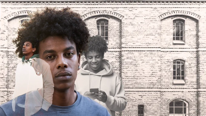 To the left of the image are three photos of a young male overlapping one another upon a background image of the front of a building. The main photo of the young man is a headshot with him looking directly at the camera. The photo behind shows the man looking down at a phone in his hand. The photo in the foreground shows the man with his eyes closed and hands in his trouser pockets looking up slightly.