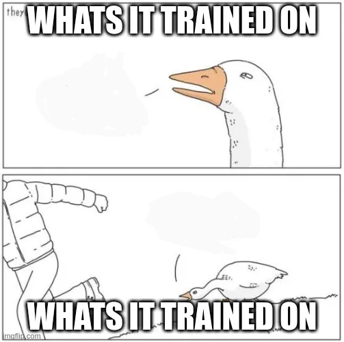 goose meme saying"whats it trained on"