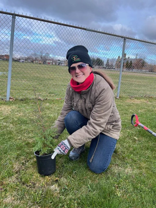 Tree planting volunteer with native tree in pot and shovel.