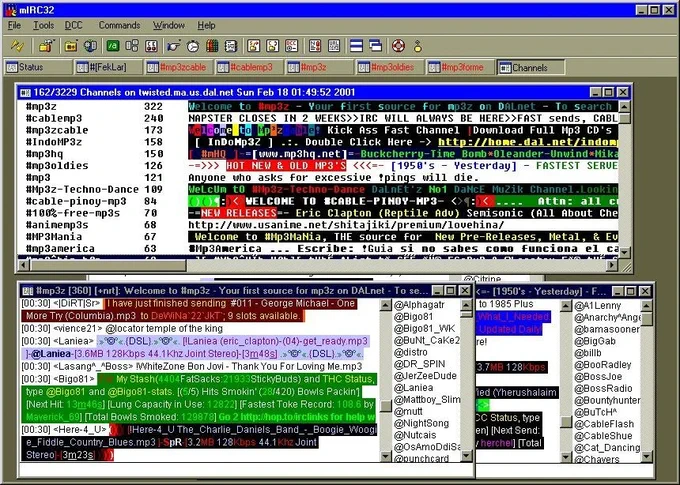 screenshot of mIRC 32 a Instant Relay Chat program from the late 90s/early 2000s for text messaging over the internet