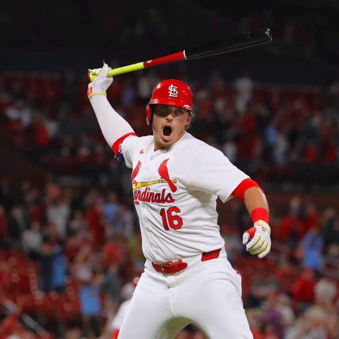 Nolan Gorman spikes his bat in an impressive manor after winning the game for the St. Louis Cardinals