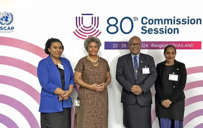 (L – R) Director Multilateral Bureau at Fiji MFA, Ms. Keleni Seruvatu, Assistant Minister for Foreign Affairs, Hon. Lenora Qereqeretabua, Fiji’s Ambassador to Indonesia and Permanent Rep to ESCAP, Mr. Amena Yauvoli, and Second Secretary at the Fiji Embassy to Indonesia Ms. Vasiti Cirikiyasawa. 
