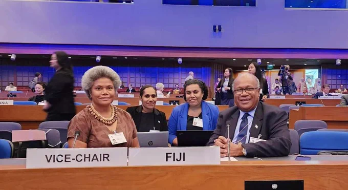(Front row) Assistant Minister for Foreign Affairs, Hon. Lenora Qereqeretabua and Fiji’s Ambassador to Indonesia and Permanent Rep to ESCAP, Mr. Amena Yauvoli. 

(Back row) Second Secretary at the Fiji Embassy to Indonesia Ms. Vasiti Cirikiyasawa, and Director Multilateral Bureau at Fiji MFA, Ms. Keleni Seruvatu. 