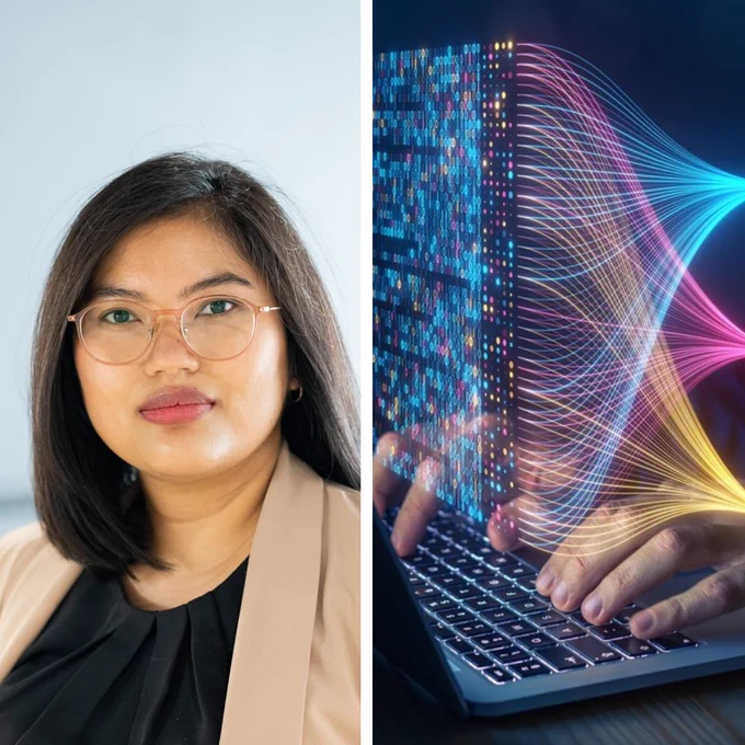 Dr Ayu Saraswati (left) and a graphic image representing artificial intelligence (right). Credit: Supplied and Shutterstock
