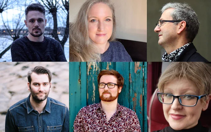 Headshots of 6 composers arranged in two rows of three. Top row (L-R): Ruaidhri Mannion, Kerry Hagan, John McLachlan. Bottom row (L-R): Jonathan Nangle, Anselm McDonnell, Ailís Ní Ríain.  