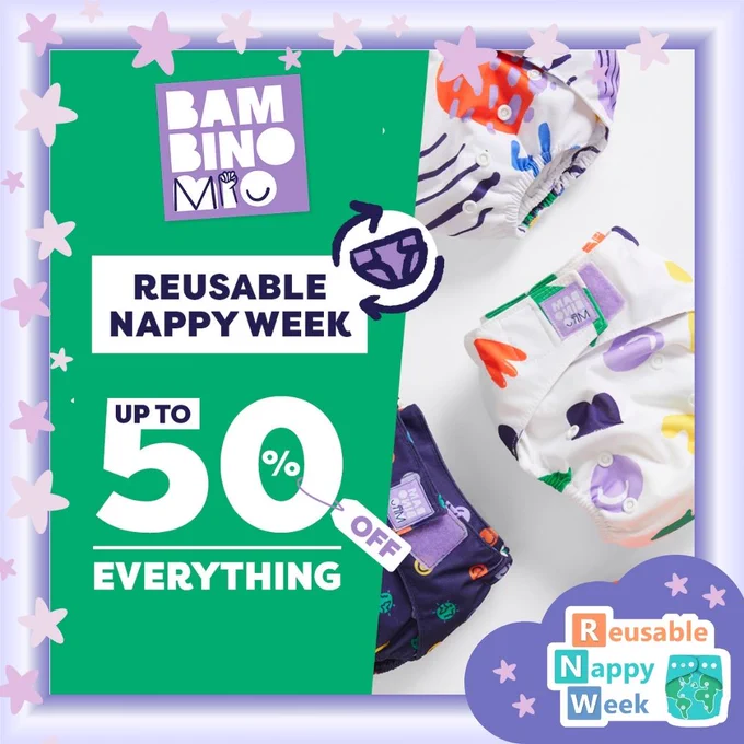 Image shows Bambino Mio and Reusable nappy Week logos and the words up to 50% off everything 