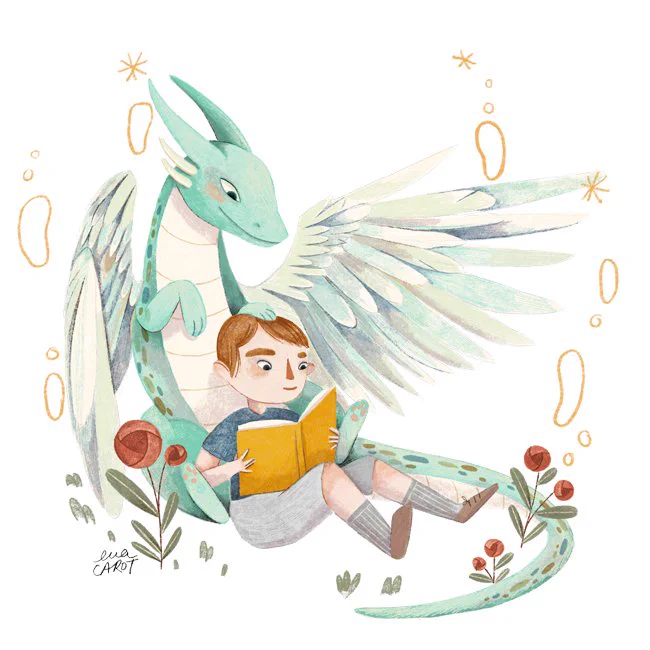 Un niño y un dragón con alas leyendo un libro entre rosas y magia.