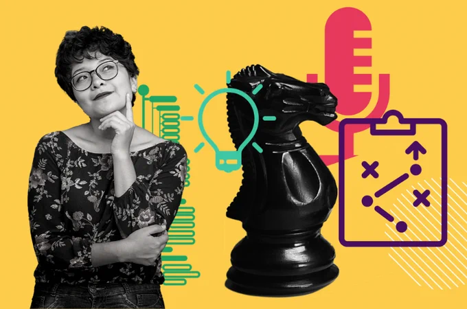 An education sector professional poses thoughtfully alongside a chess piece, microphone, and clipboard.