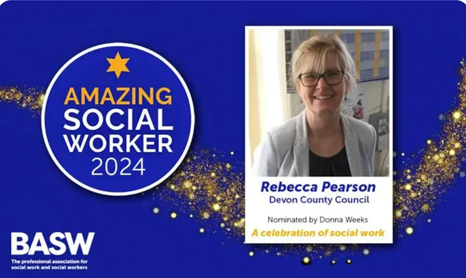 An image from the BASW website shows a picture of Rebecca Pearson, with "Devon County Council, nominated by Donna Weeks, a celebration of social work" written below the picture. To the left of the photo, Amazing Social Worker 2024 is also written in large letters